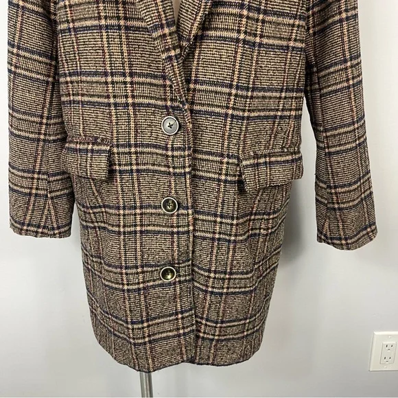 Free People Plaid Wool Blend Tweed Oversized Boxy Coat Overcoat Long Jacket Boho